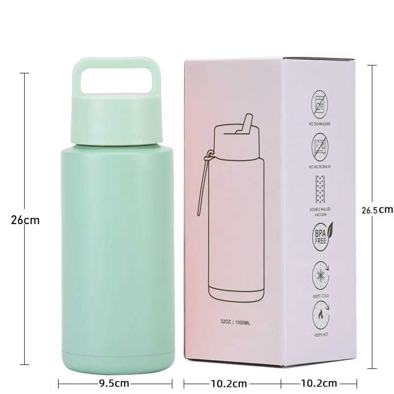 32 oz double-layer inflatable cup large capacity portable large mouthed stainless steel sports water bottle used for outdoor camping Y241114