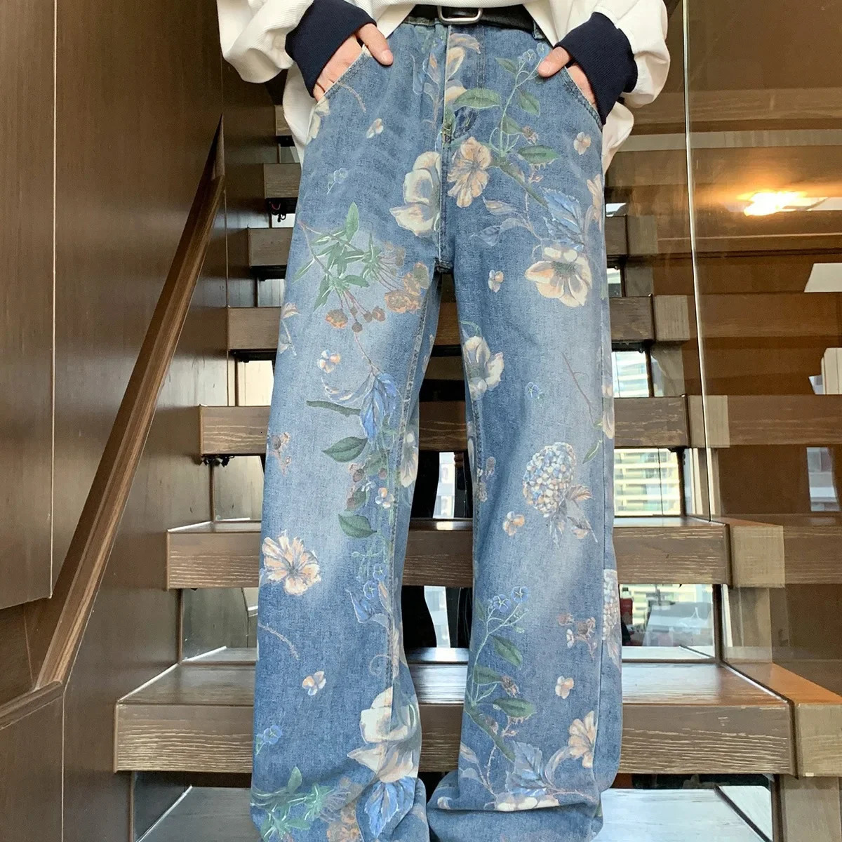 American Style Street Printing Jeans For Men Loose Fit Versatile n Sensibility Bell Bottoms Casual Scene Autumn Trendy 241112