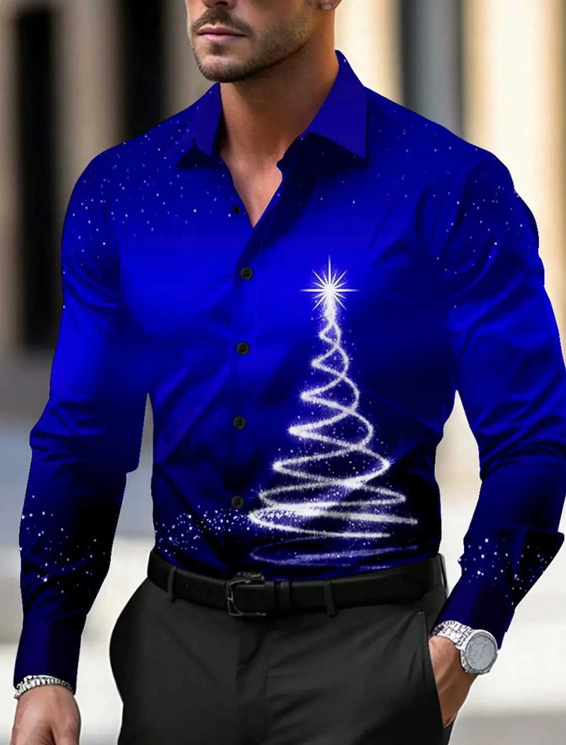 Christmas Theme Mens Christmas Trees Printed Shirts Snowflake Gradient Graphics Button Up Long Sleeve Shirts Fashion Tops ThinXJ24113