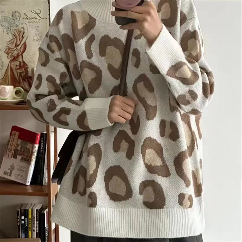 autumn and winter fashion trend French leopard print semi high neck loose fit slimming womens long sleeved sweater 241115