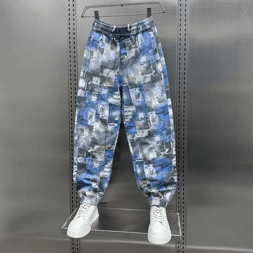 Blue Casual Jeans Fashion Plaid Trousers Outdoor Jogger Pants High Quality Brand Men Clothing