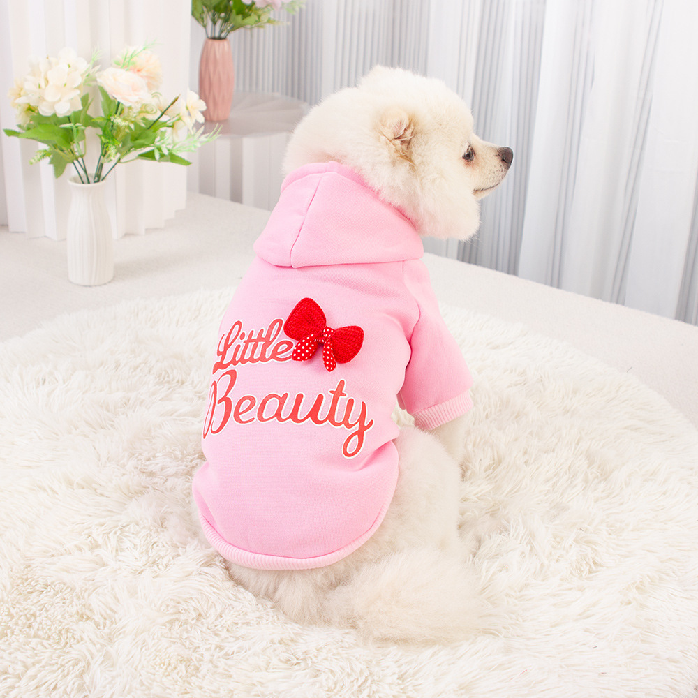Pink Bowknot Dog Cotton Hoodie Fleece Lined Beauty Printing Designer Dog Hoodie Shirt with Leash Hole