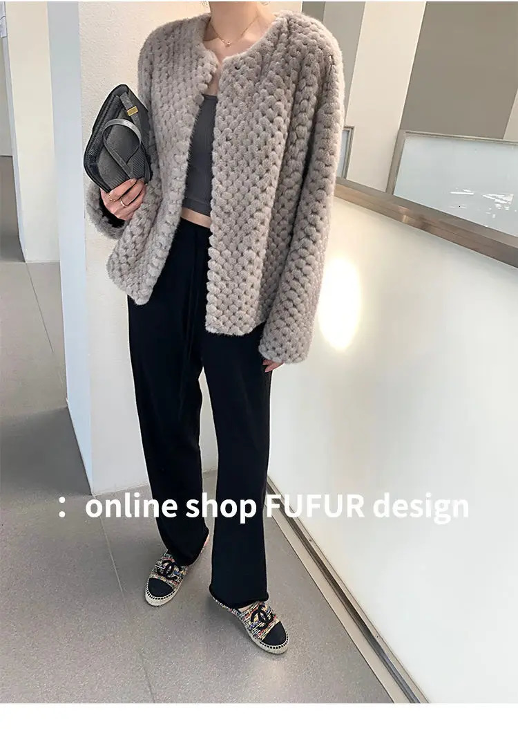 Otter Rabbit Fur Grass Coat Womens Versatile Round Neck Short Thick Warm Woven 241115