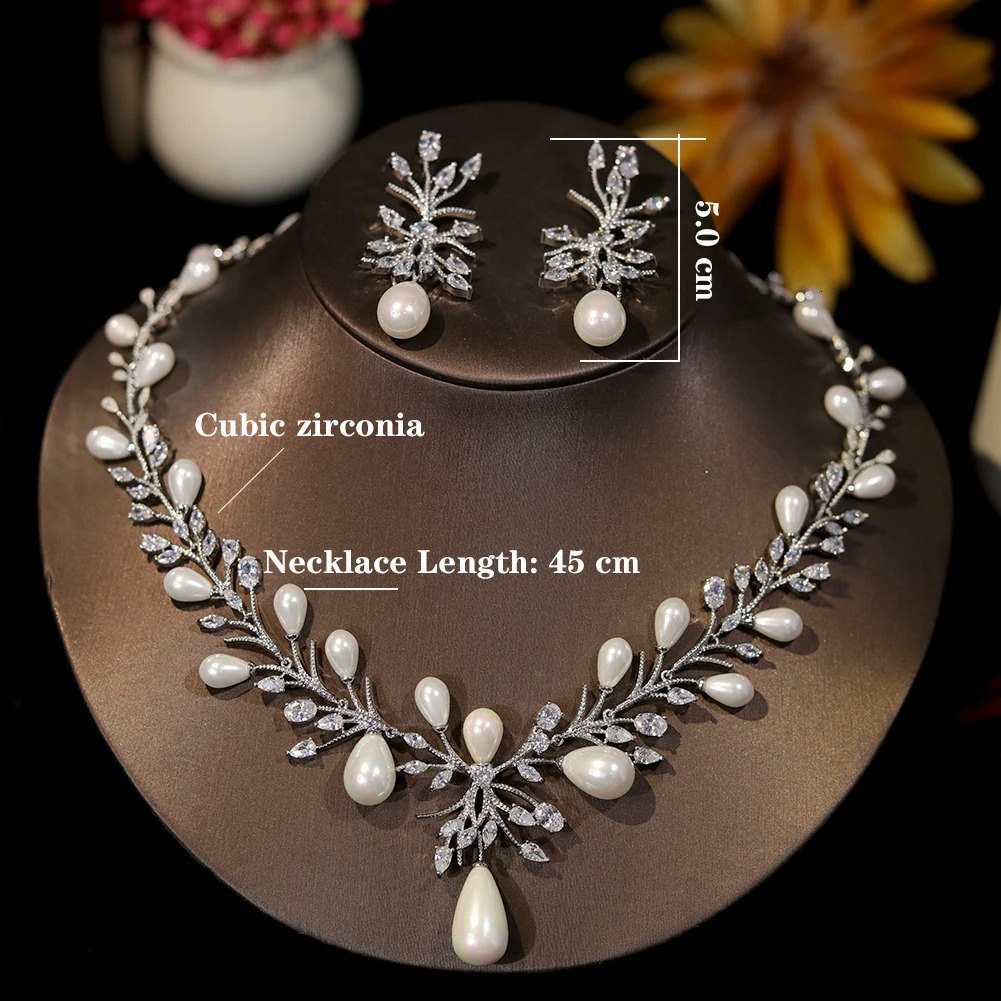 white cubic zirconia pearl necklace and earrings wedding party jewelry set for women Envio Gratis Todo X0470 241115