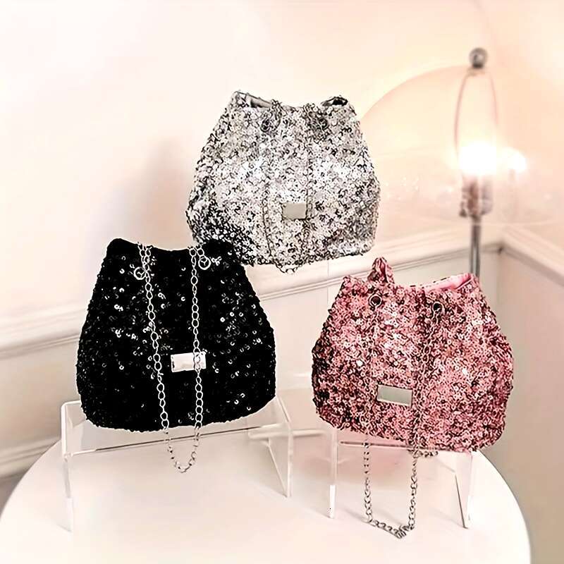 Sparkg Sequins Bucket Shiny Drawstring Shoulder Bag, Trendy Chain Crossbody Bag For Women - Perfect for Carnival Mardi Gras Music Festival