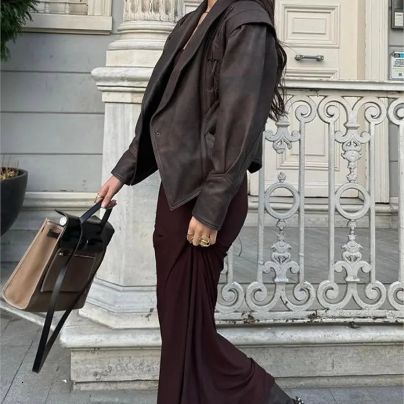 Vintage Street Adjustable Waist Pu Faux Leather Jackets For Women Belt V Neck Button Long Sleeve Motorcycle Coat Lady Outerwear 241115