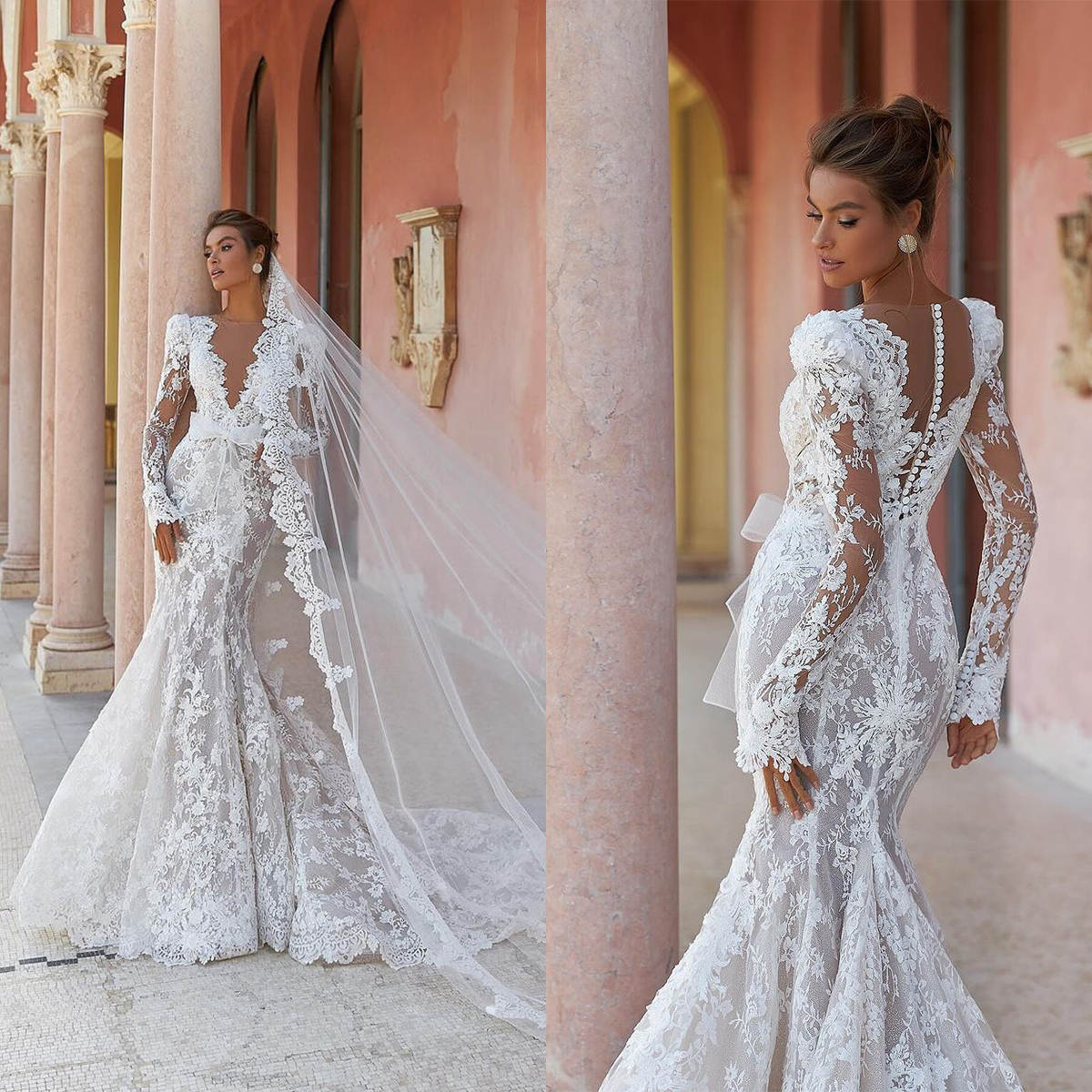 Sexy Mermaid Wedding Dress Lace Appliques V Neck Long Sleeve Illusion Back Bridal Gowns Custom Made Robe De Mariage
