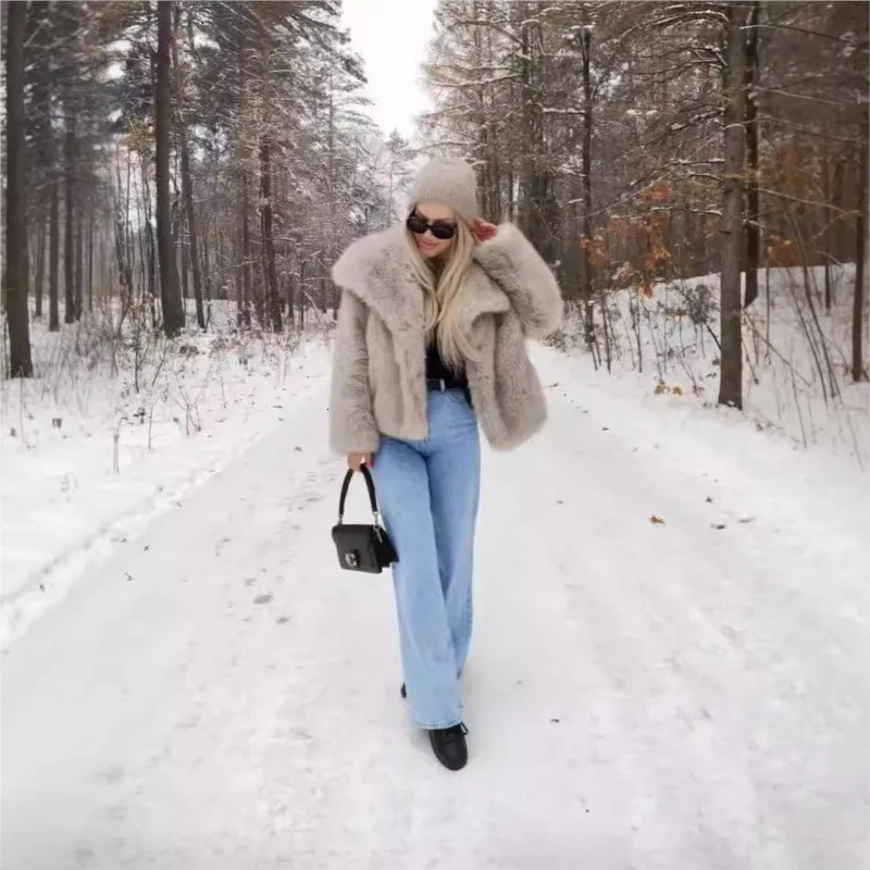 Fashion Furry Fluffy Faux Fur Coat Lapel Warm Jacket Solid Thickened Long Sleeve Plush Overcoat Lady Fall Winter 241115