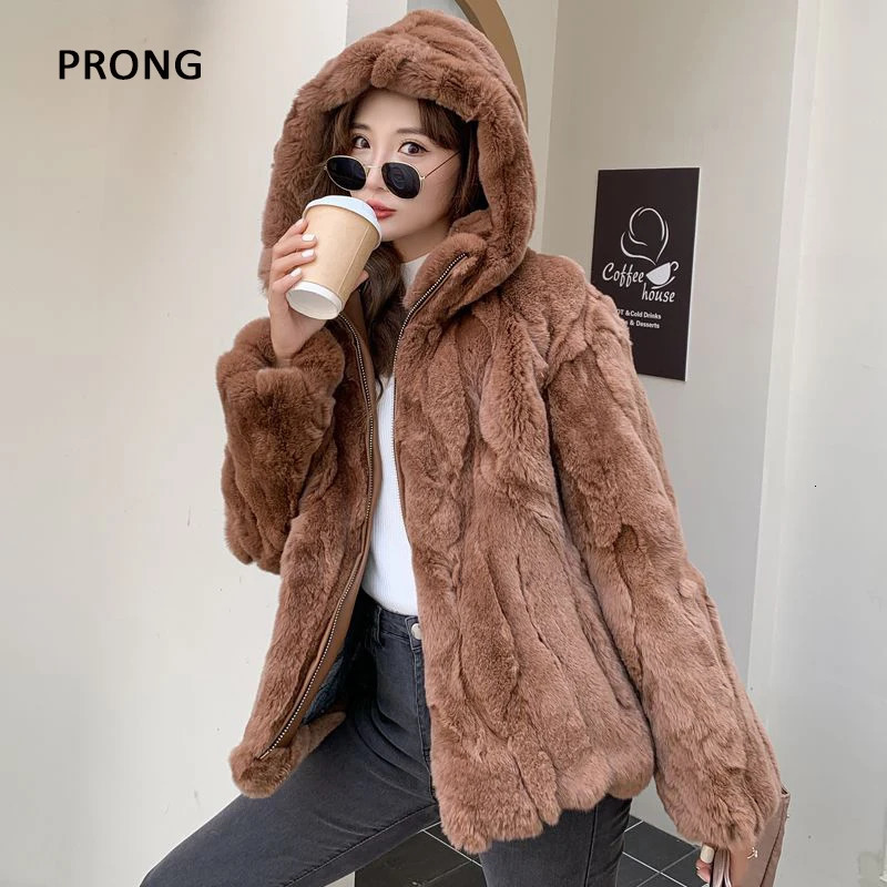 100 Real Rabbit Fur Coat Women Winter Loose Hooded Zipper Natural Fur Jacket Thick Warm Woman Clothing Female Furry Outerwears 241115
