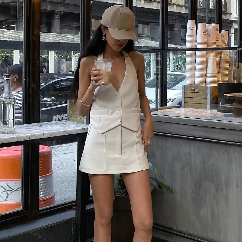 Combhasaki Women 2Piece Outfits Skirt Set Fairycore Halter Neck Sleeveless Backless Crop Tops Mini Aline Suit Streetwear 240415