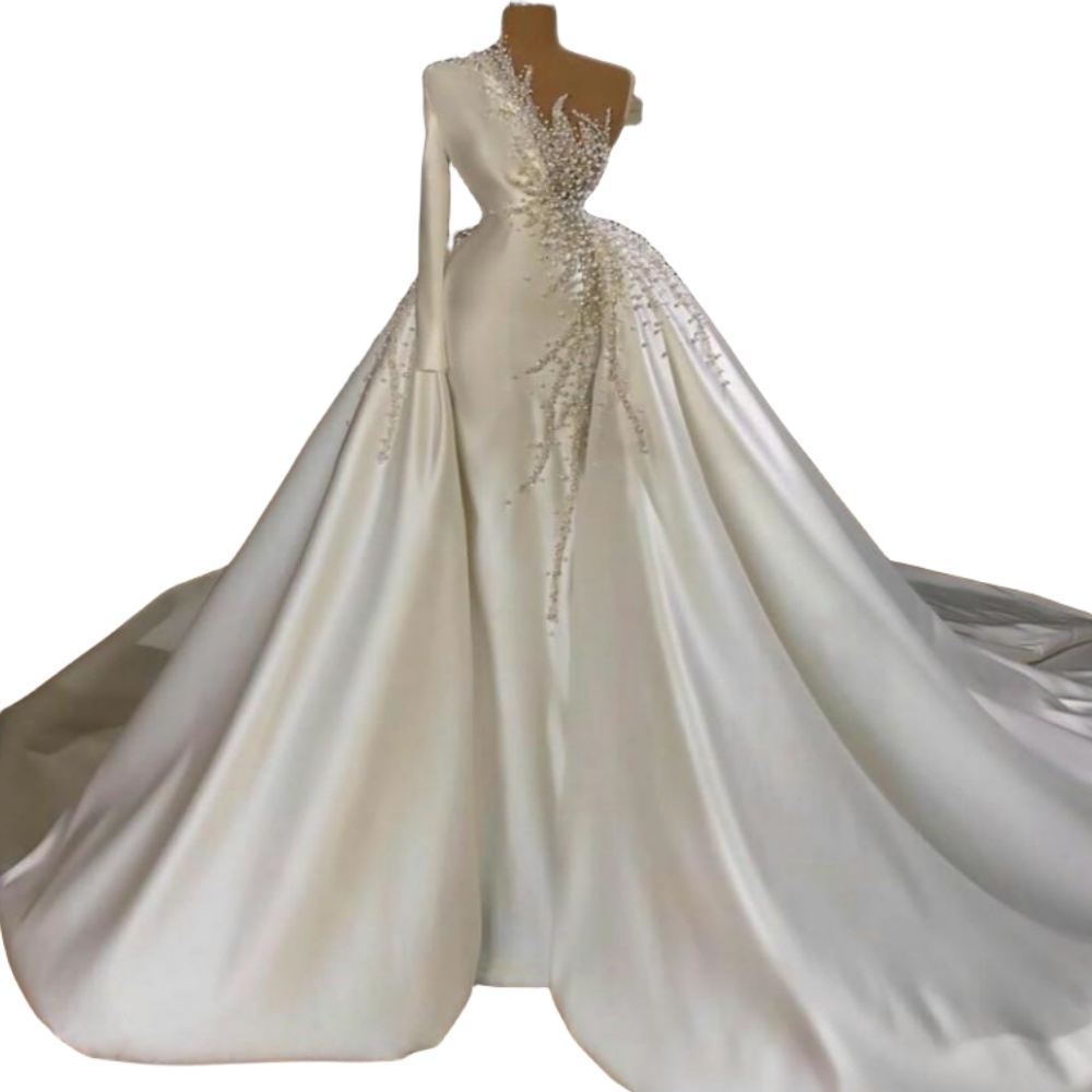 2024 Mermaid Wedding Dresses Pearls Crystal Beadings One Shoulder Satin Long Sleeves Overskirts Detachable Train Plus Size Bridal Gowns 0513
