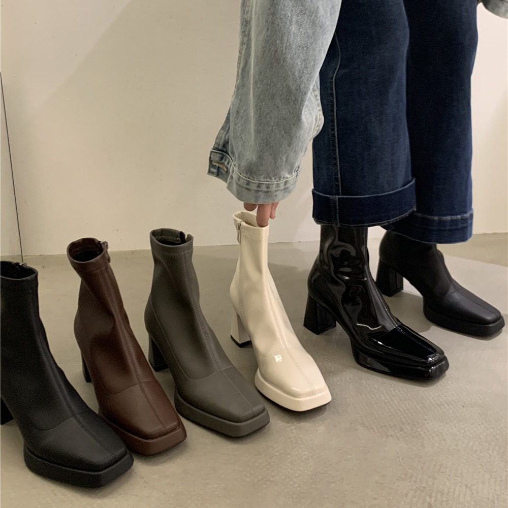 French Square Toe Thick Heel Zipper Short Boots.