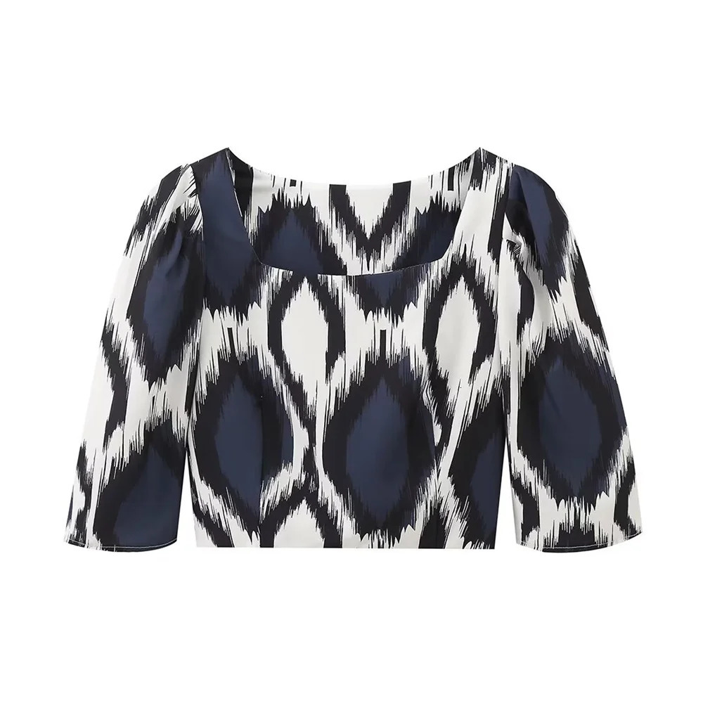 Kar Otza womens fashion simple printed square neck short top loose pleated skirt two-piece set 241114