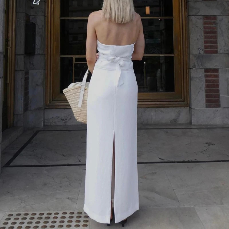 Women Button Up Backless Halter Crop Tank Tops Slit Long Skirt Y2K Aesthetic Matching Set 2 Piece Elegant Outfits Streetwear 240415