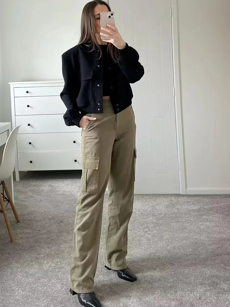 TRAF Womens Bomber Jacket White Autumn Winter Button Womens Fashion Long Sleeve Crop Coat 241115