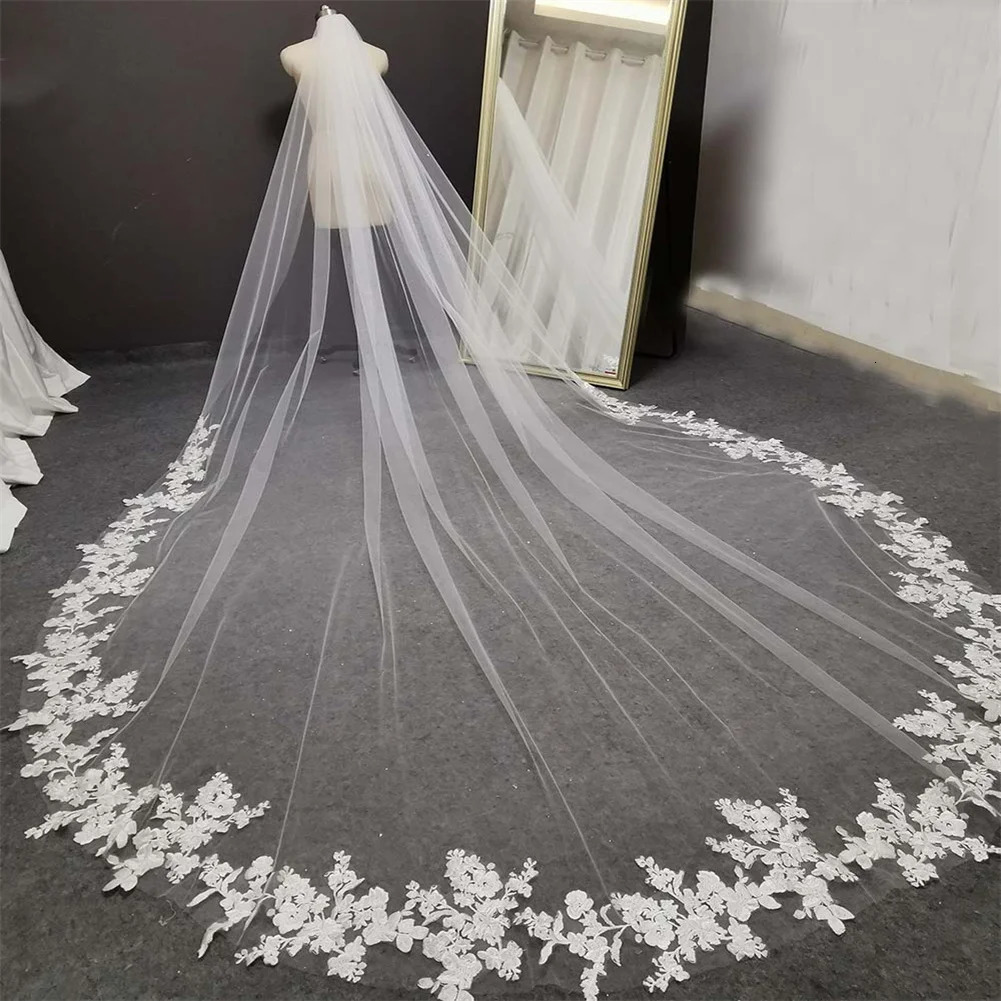 Long lace wedding veil 3D embroidery flower long white cathedral style bridal veil comb wedding accessories bridal headwear 241115