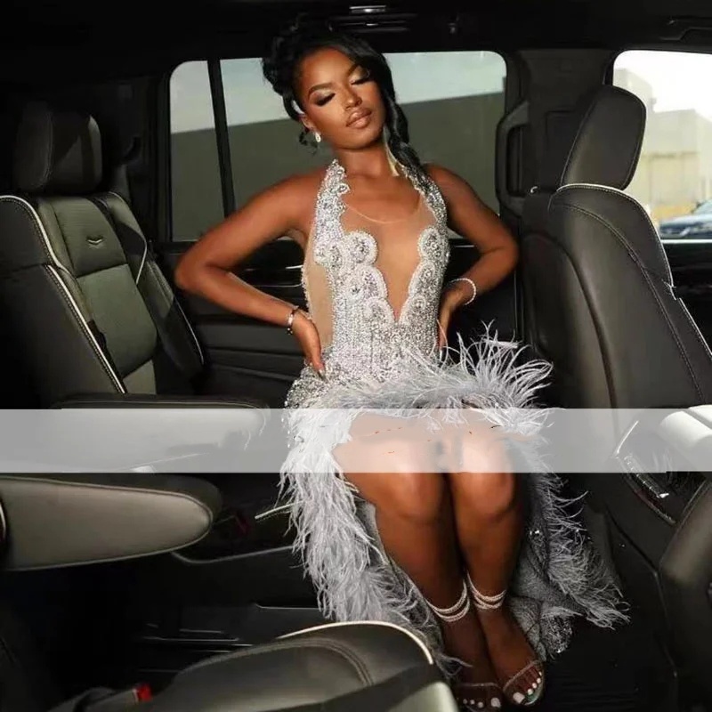 Sparkly Sier Diamonds Mermaid Prom Dresses 2024 Feathers Halter Rhinestones Birthday Gala Gowns Reception Party Outfit