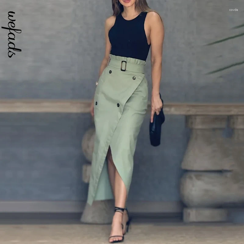 Work Dresses Wefads Women Two Piece Set Solid Sleeveless Round Neck Pullover Tank Top A E Irregular With Button Slit Midi Dress Sets