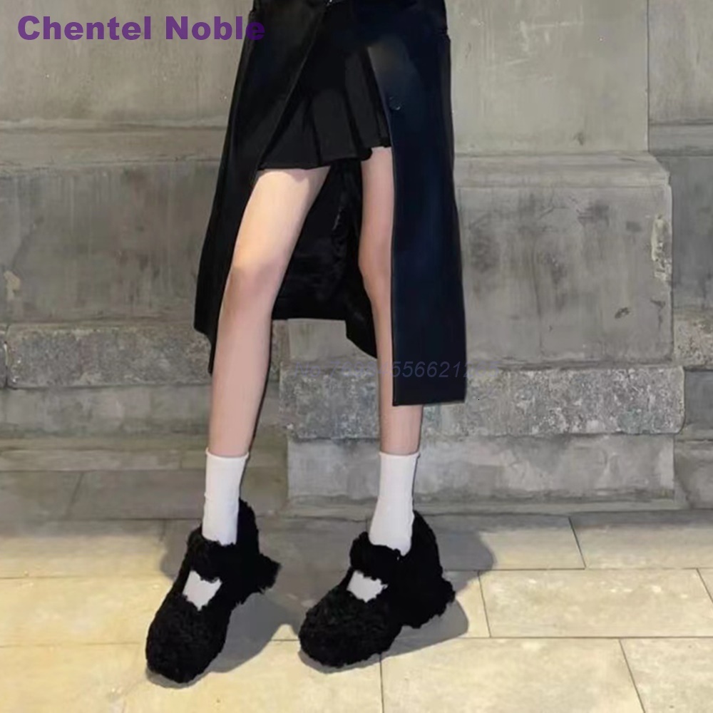 Fur Straps Chunky Sweet Square Toe Novelty Autumn Women Pumps Cute Runway Shallow Design Red White Black Party Shoes