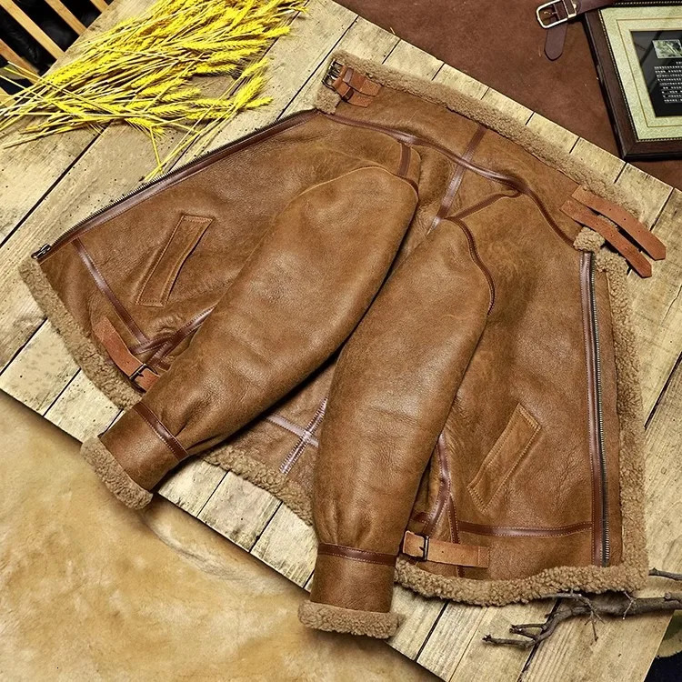 Wholesale matte genuine fur coat Brown winter warm natural leather jacket Retro B3 tpye sheep shell wool 241115