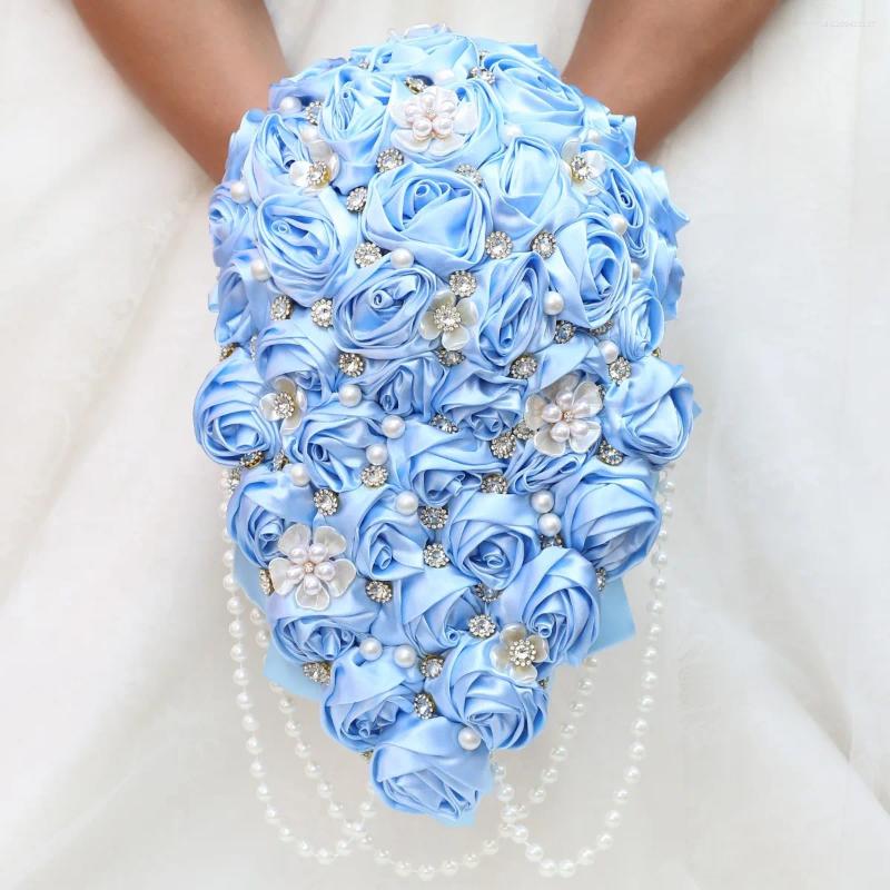 Decorative Flowers Yan Creamy Dusty Rose Bride Casading Wedding Bouquets With Rhinestone Pearl String Handamde Satin Bridal Bouquet