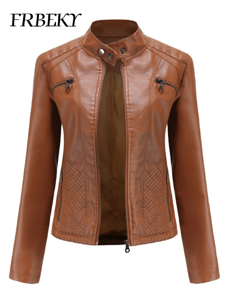 Women coat Autumn Casual Leather Jacket Standing Collar Long Sleeve Slim Solid Color Coat Streetwear Zipper 241115