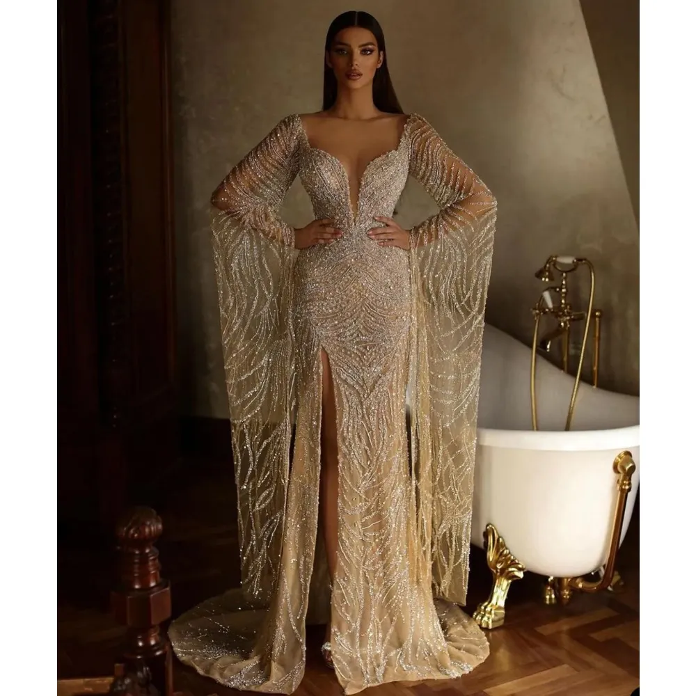 Saudi Arabia 2024 Haute Couture Mermaid Wedding Dress Illusion High Split Bridal Gowns Bride Princess Celebrity Beads Sequins Robes
