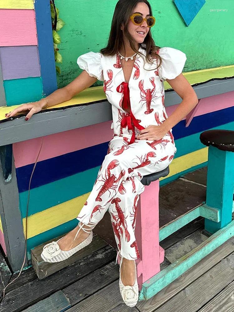 Women's Two Piece Pants Cartoon Cray Printing Long Set For Women 2024 Summer Short Sleeve Shirt High Waist Wide Leg Pant 2 Sets Lady Out