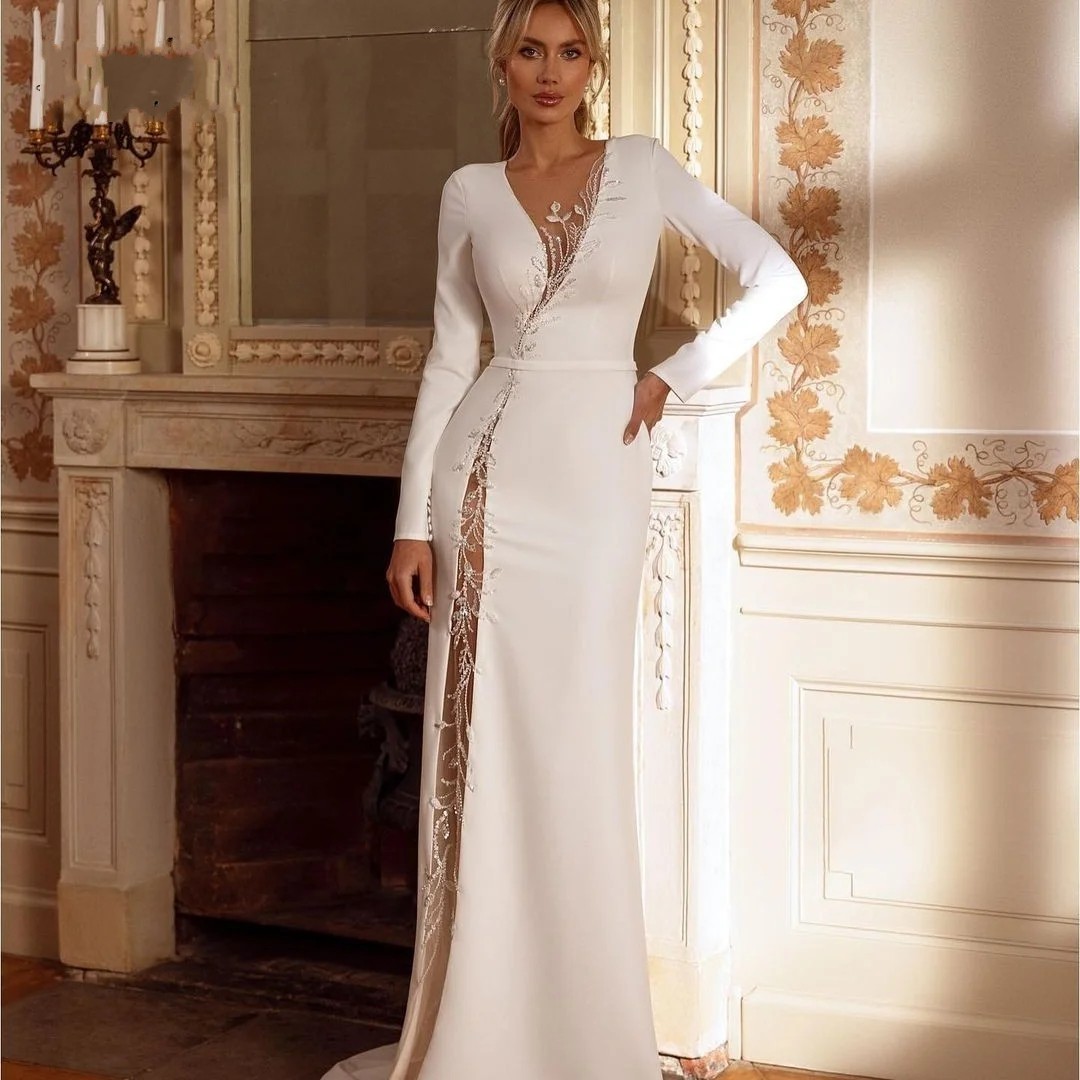 2025 Elegant Morden Wedding Dress Lace Beading Satin Full Sleeve Side Splt Button Open Back Bridal Bride Gowns Vestido De Novias Mariage