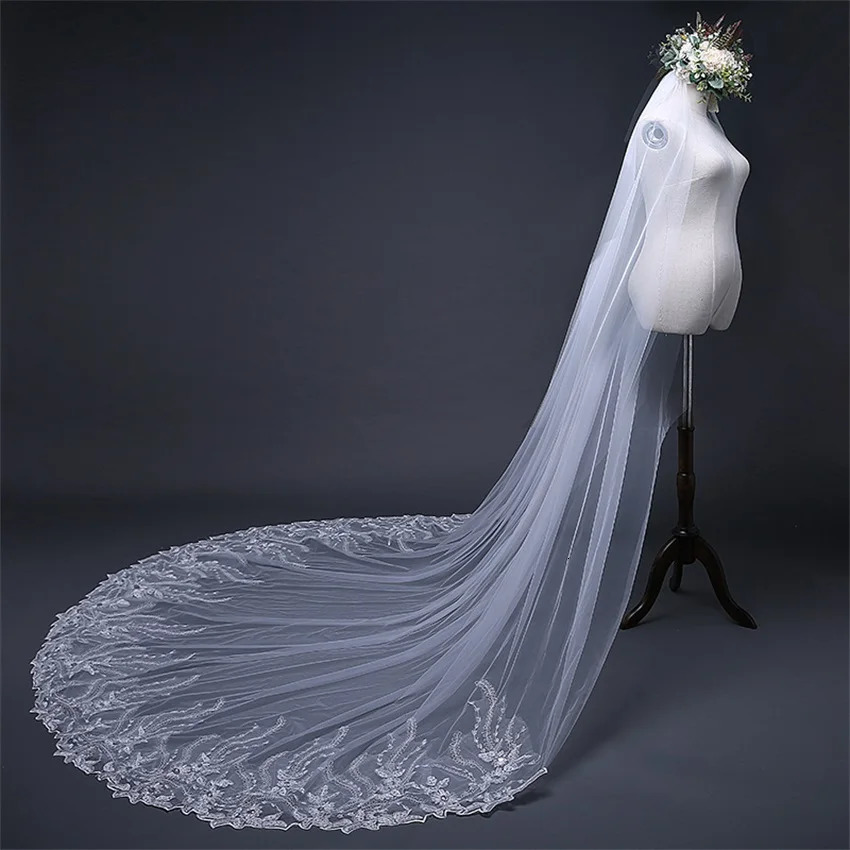 Long lace bridal veil with comb 3 meters 1 floor cathedral white Iovry wedding veil wedding accessories 241115