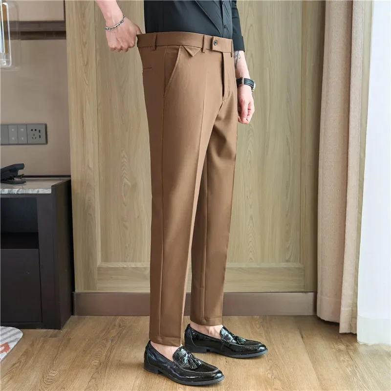 Mens set pants spring elastic waist solid slim fit dress for office casual mens wear 241115
