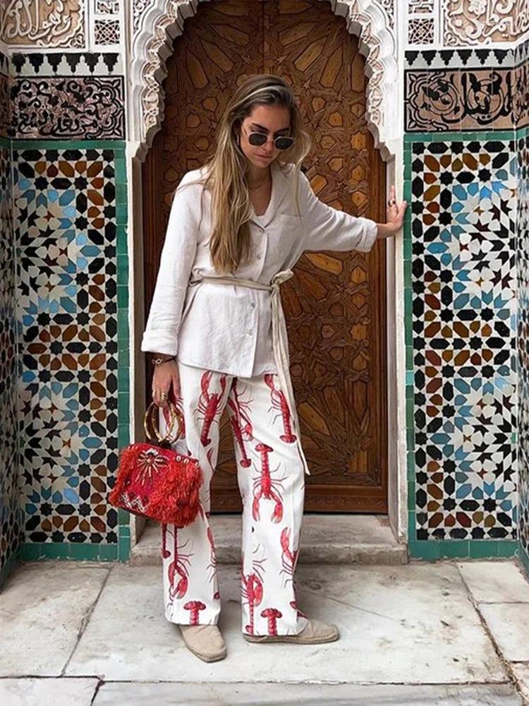 Women's Two Piece Pants Cartoon Cray Printing Long Set For Women 2024 Summer Short Sleeve Shirt High Waist Wide Leg Pant 2 Sets Lady Out