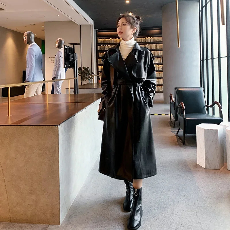 Spring Black Oversized Long Waterproof Leather Trench Coat for Women 2023 Sleeve Loose Korean Fashion Clothing 241115