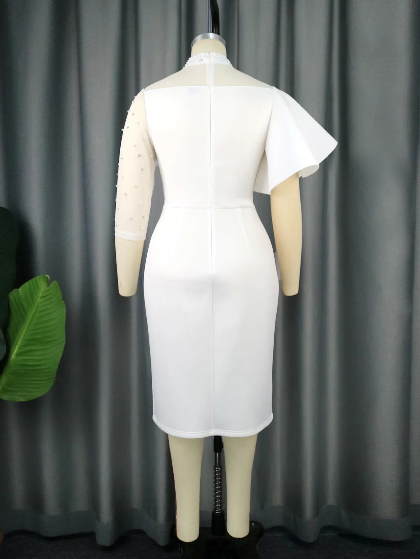 Women White Party Dress Bodycon Cocktail Mesh Beading Irregular Sleeves Ruffles African Elegant Wedding Guest Birthday Celebrate 240415