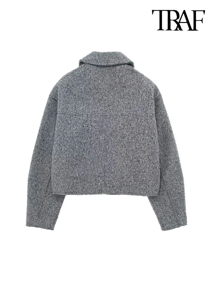 TRAF Women Fashion Patch Pockets With Flaps Cropped Jacket Coat Vintage Long Sleeve Front Zipper Female Outerwear Chic Tops 241115