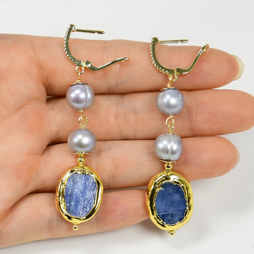 G-G Freshwater Culture Grey Potato Pearl Blue Sapphire Pendant Necklace Earring Set Simple Female Gift 241115