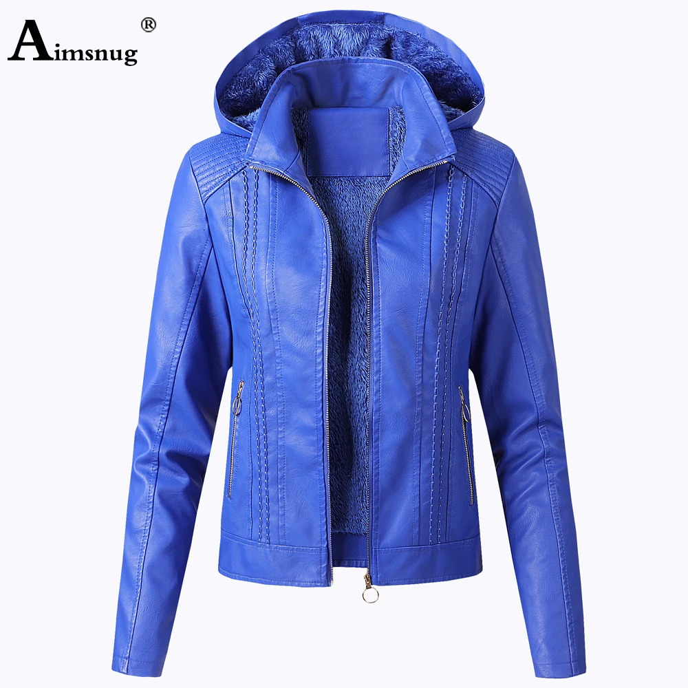 Women Faux Pu Leather Jackets Autumn Winter Hooded Outerwear Pockets Zipper Coat Slim Biker Jacket Blue Hoodies Plus Velvet 241114