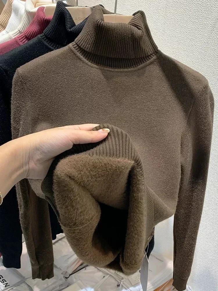 Turtleneck Winter Sweater Womens Elegant Thick Velvet Lining Warm Suede Knitted Lanhua Ultra Thin Top 241115