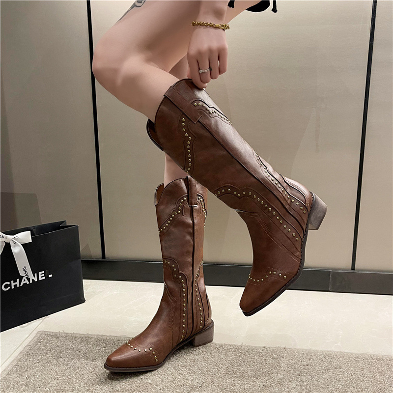 2024 european and american new retro rivet western cowboy boots versatile high knee knight boots thick heel cowboy boots for women