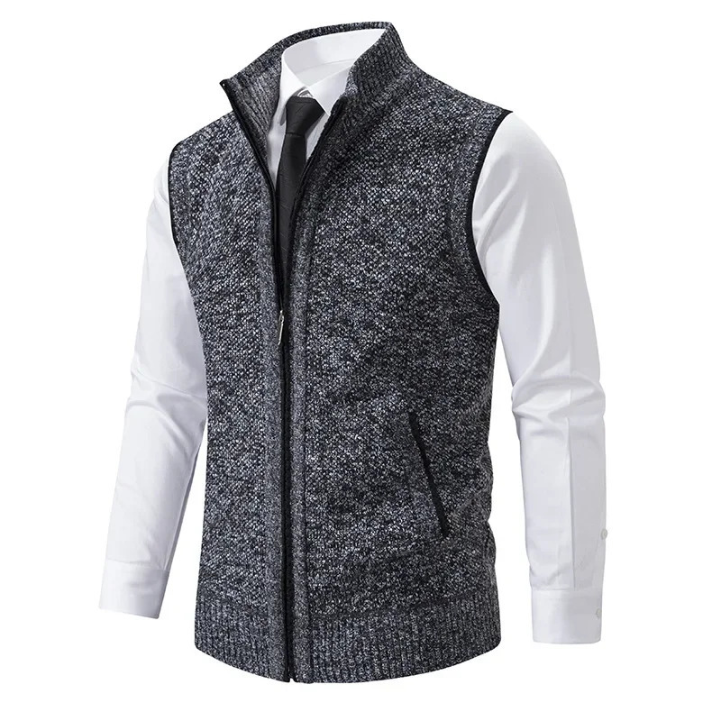 Mens Knitted Sleeveless Sweater Cardigan Zipper Vest Casual Warm Jacket Slim Fit Stand Collar Sweatercoat 241114