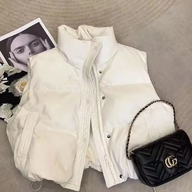 Down Insulated Vest PU Leather Short Vests for Women Trend Middle-aged Womens Clothing Office Street Style Outerwear XK85 241114