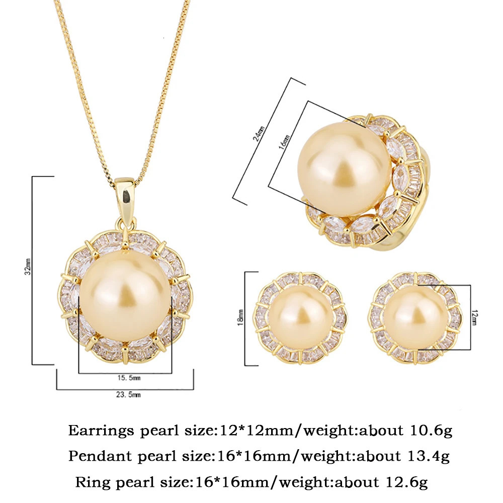 12-16mm light gold pearl laboratory diamond pendant necklace ring earrings womens party jewelry set elegant birthday gift 241115