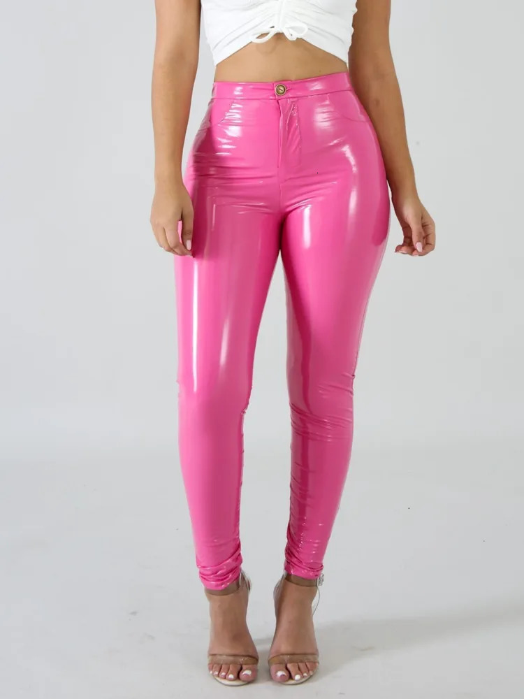 Latex PU leather pants for women pink black tight fitting Trousers streetwear fashionable high waisted pencil ultrathin bottoms 241115