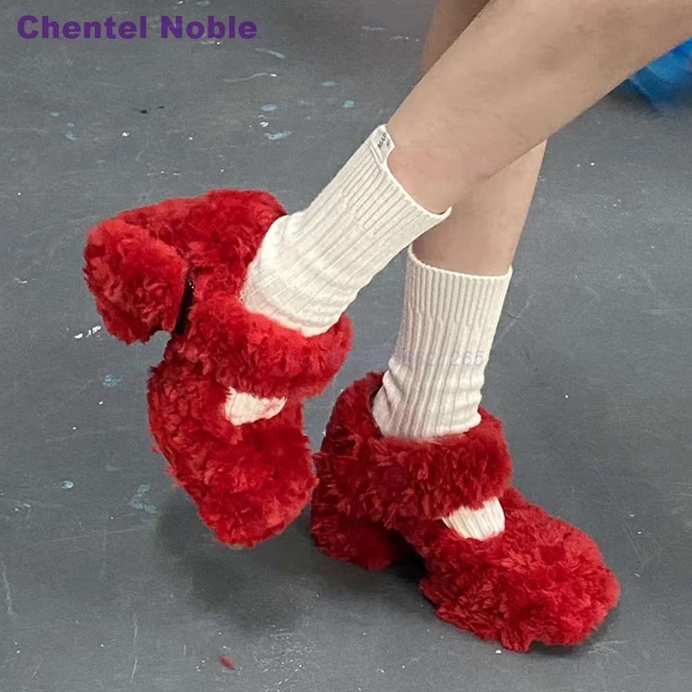 Fur Straps Chunky Sweet Square Toe Novelty Autumn Women Pumps Cute Runway Shallow Design Red White Black Party Shoes