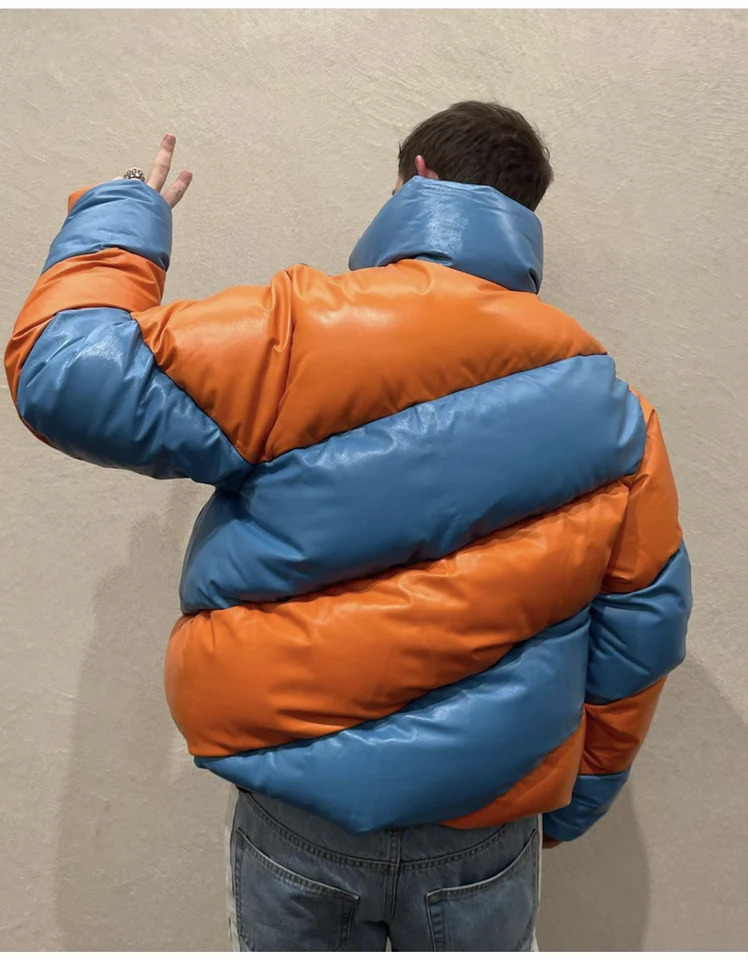 Mens Clothing Top Fashion Spiral Color Matching Leather Warm n Bread Patchwork Winter Casual Jacket ropa hombre 241115