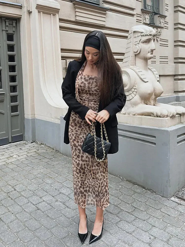 Fashion Leopard Print Maxi Skirt Suits For Women Sexy Off Shoulder Halter Pleated Tops Sets Chic Female Night Party Outfits 240415