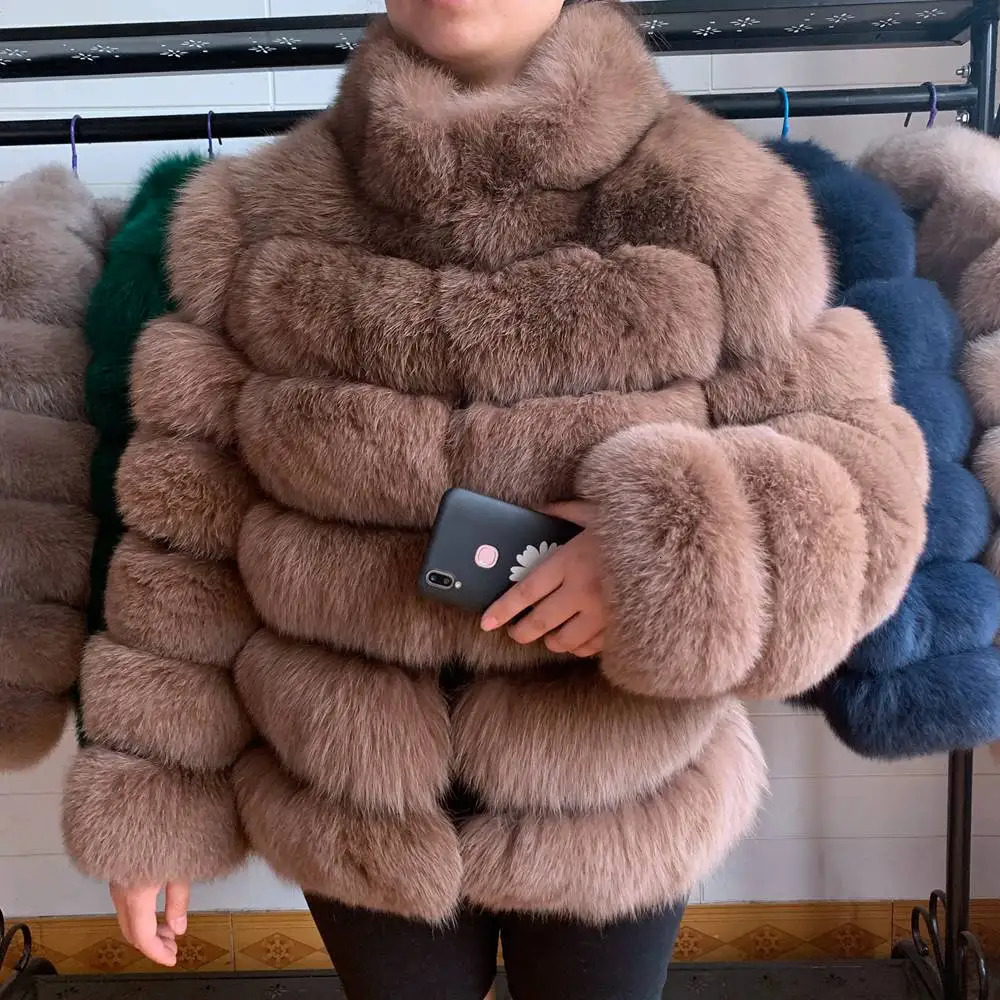 Women Short Furry Real Fur Winter Coat Plus Size Stand Collar Long Sleeve Real Fox Fur Coat Spring Fashion Party Jacket Overcoat 241115