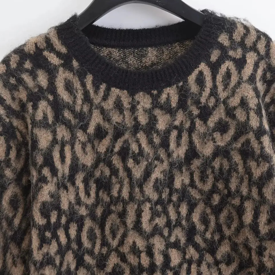 Traf Womens Sweater Autumn Winter Leopard Pattern Round Neck Knitted Top Knitted Top 241115