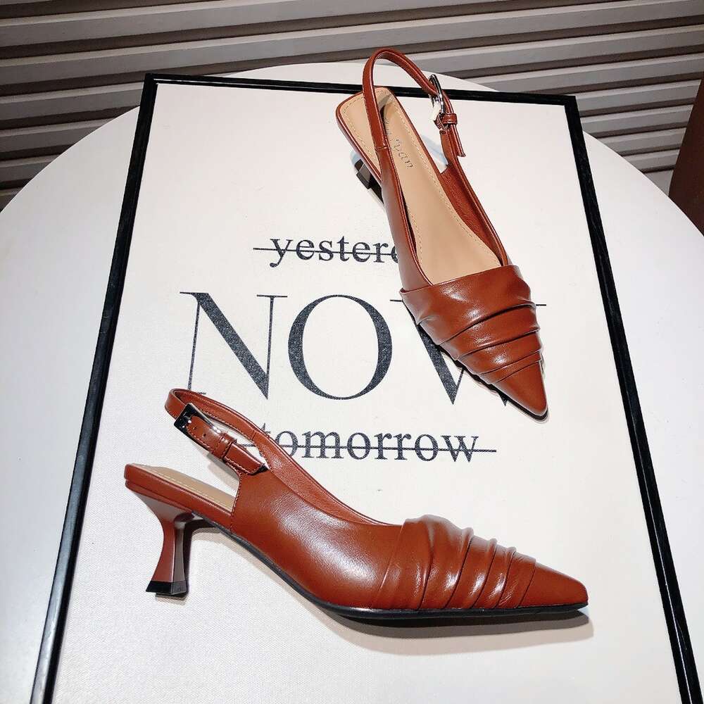 French Pointed Mid Heeled Half Trailer for Women in Spring 2024, New Temperament Soft Leather Gentle Style Wrapped Sandals ddmythur