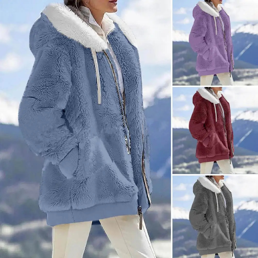 2023 Womens Winter Coat Solid Color Warm Plush Large Size Ladies Fall Loose Zipper Hooded 241115